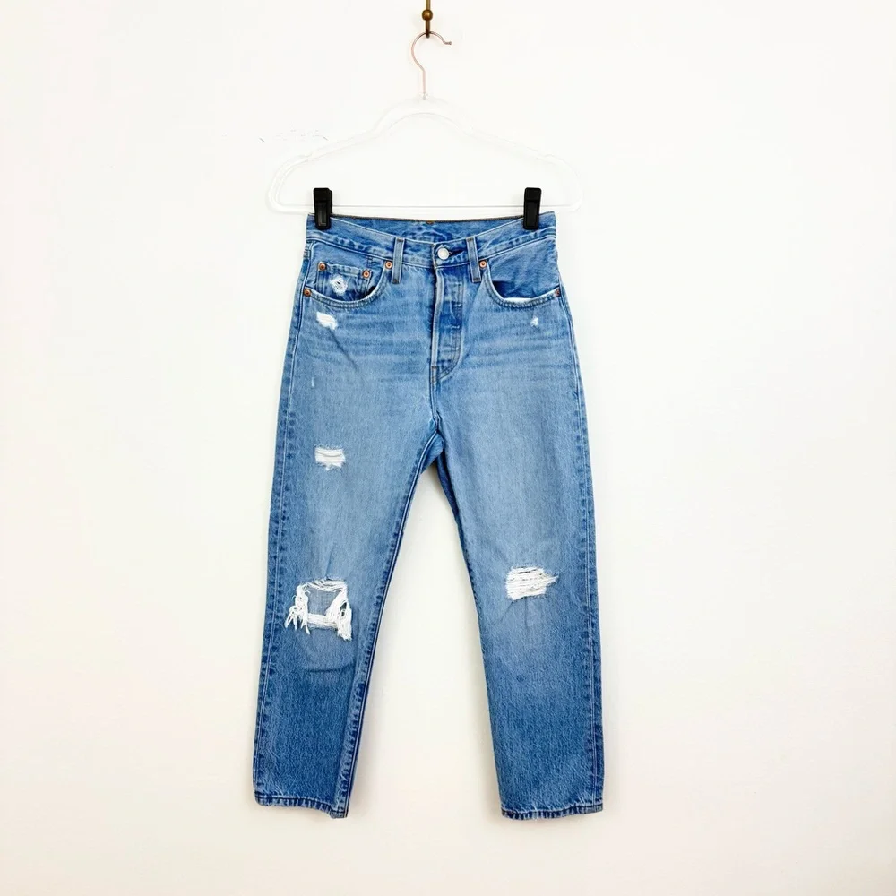 Levi’s 501 High Rise Distressed Straight Leg Jeans Button Fly Crop 26